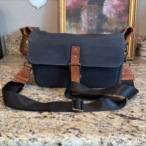 ONA Bowery Camera Bag (Navy Blue) brown leather accents